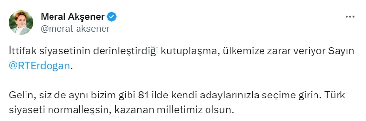 Akşener'den Erdoğan'a 'gelin' çağrısı