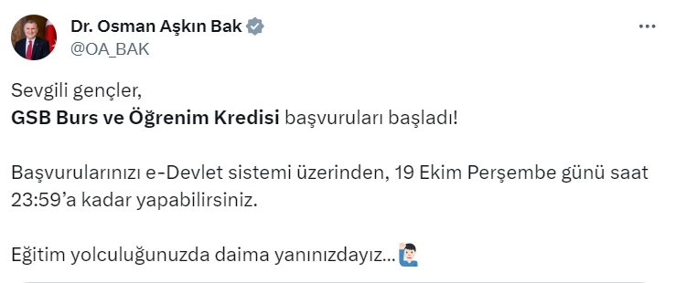 Burs ve Öğrenim Kredisi başvuruları başladı