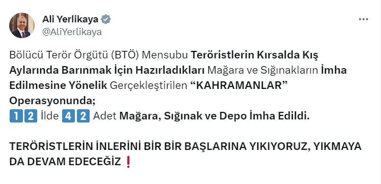 42 mağara ve sığınak imha edildi