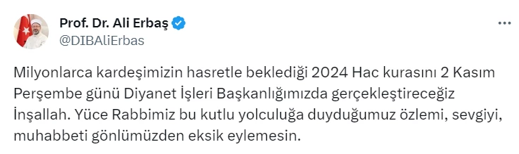 Diyanet İşleri Başkanı Erbaş duyurdu: 2024 Hac Kuraları yarın çekilecek