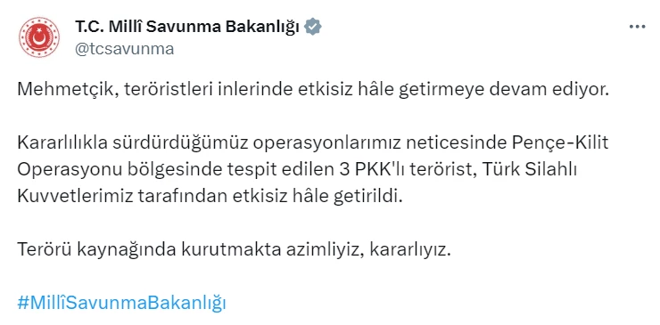 Mehmetçik, 3 teröristi etkisiz hale getirdi