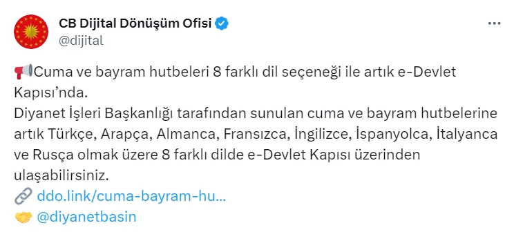 Hutbeler artık 8 farklı dilde e-devlet'te