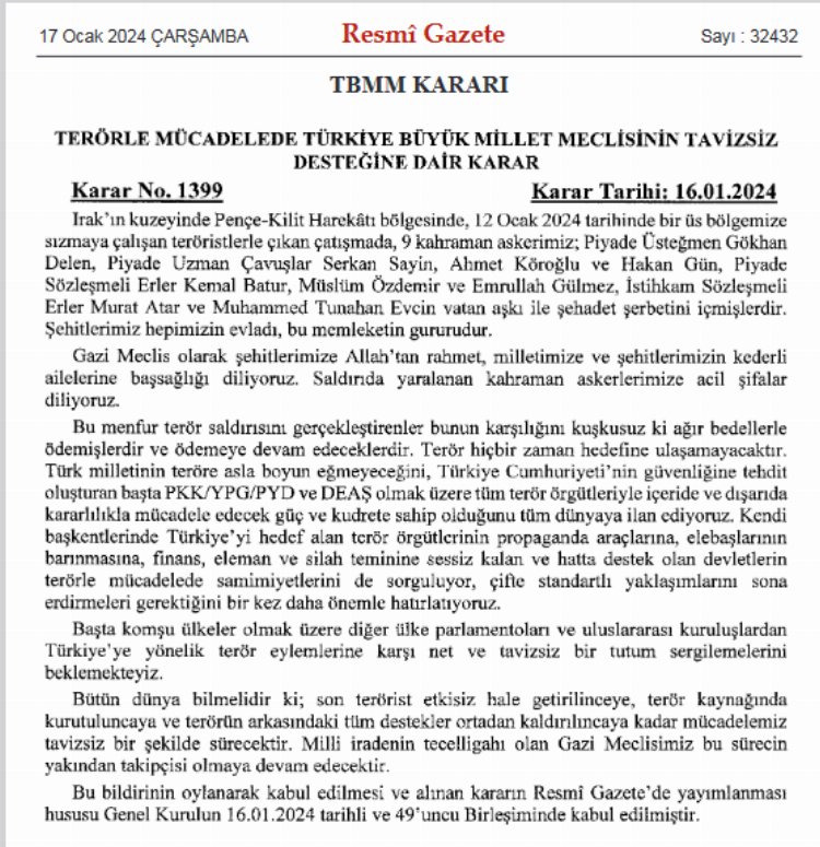 TBMM'nin terörle mücadelede tavizsiz desteği 'Resmi'leşti