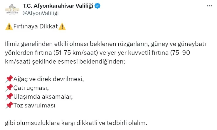 Afyonkarahisar Valiliği Uyardı: Fırtınaya Dikkat!