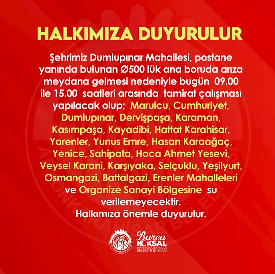 Afyonkarahisar'da 24 Mahallede 6 Saatlik Su Kesintisi Yaşanacak!