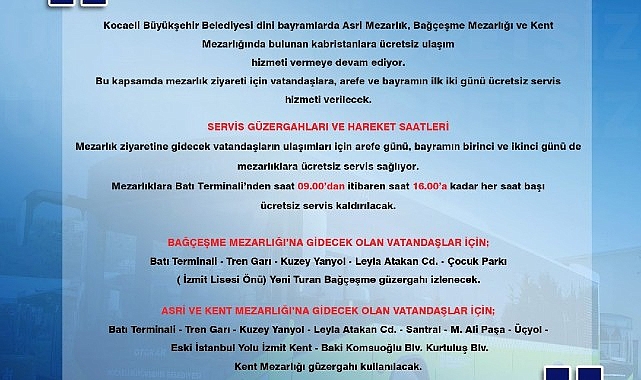 Büyükşehir’den bayramda mezarlıklara ücretsiz ulaşım