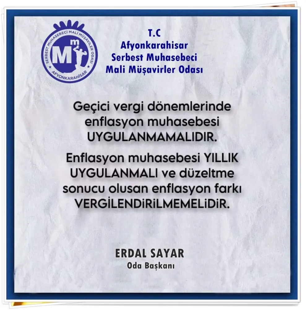 Erdal Sayar'dan Enflasyon Muhasebesi Çağrısı