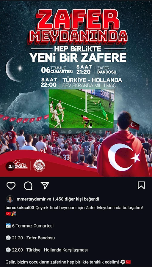 Türkiye – Hollanda Çeyrek Final Maçı Zafer Meydanı'nda Dev Ekranda!