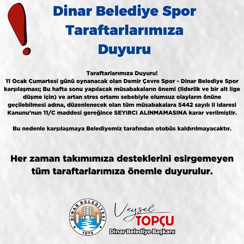 Tribünler Boş Kalacak: Demir Çevre Spor – Dinar Belediye Spor Maçı Seyircisiz Oynanacak